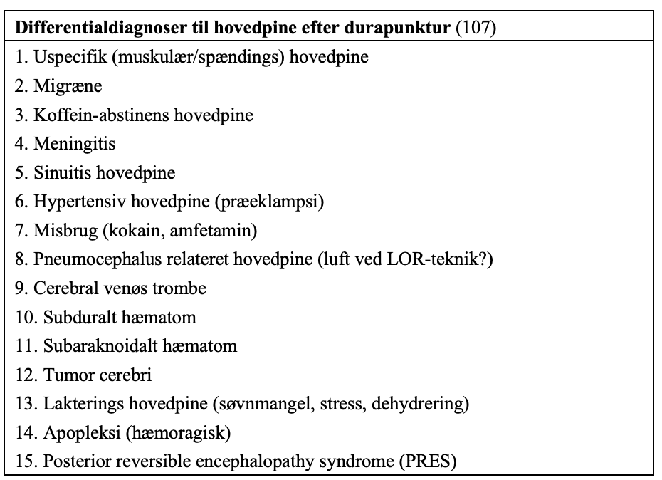 Differentialdiagnoser til hovedpine efter durapunktur (107)